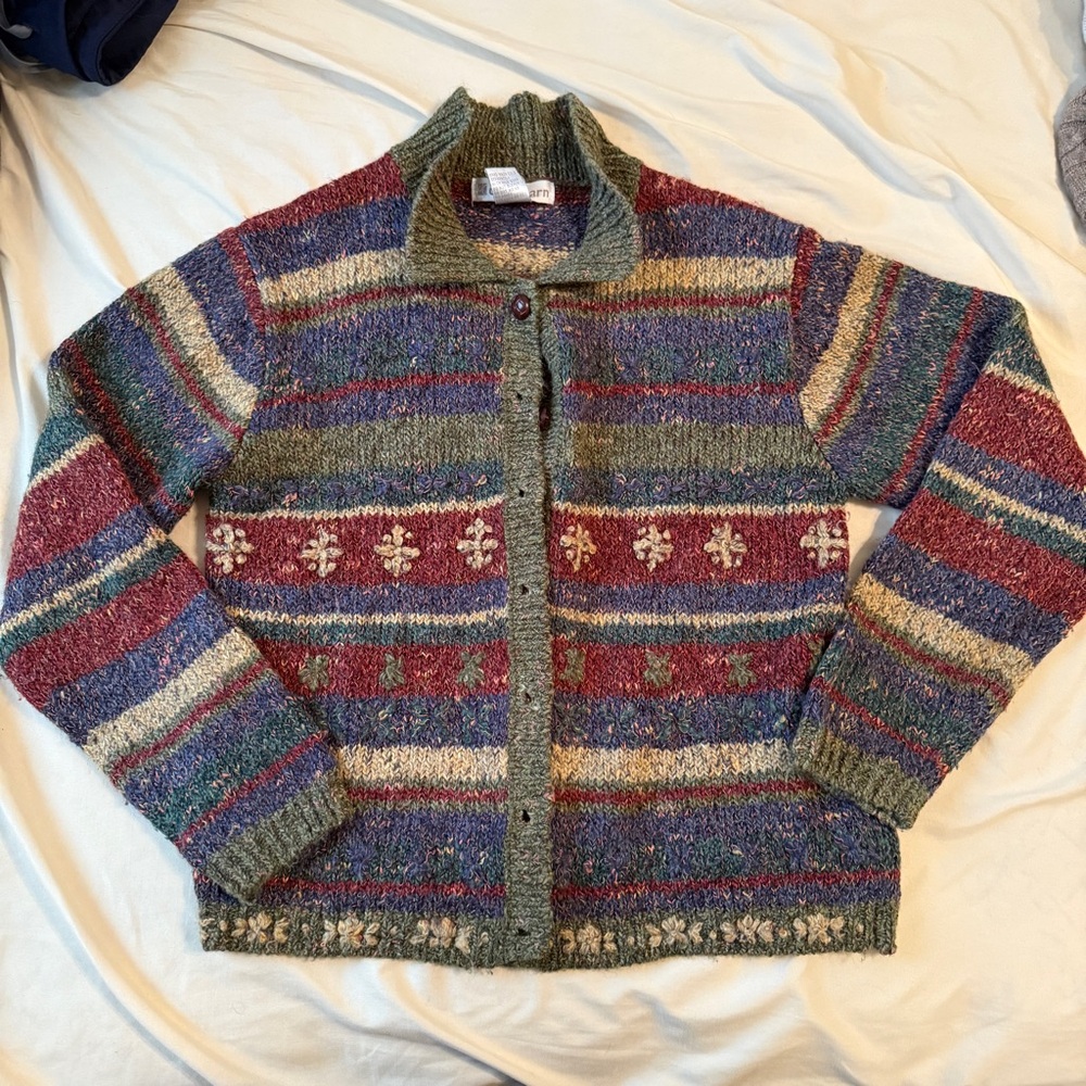 dressbarn Green and Red Cardigan with Geometric Patterns